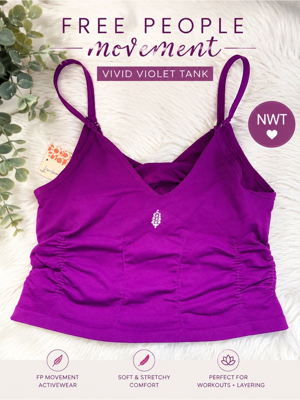 Free People Movement Vivid Violet Ruched Cami Crop Tank M/L NWT 💜